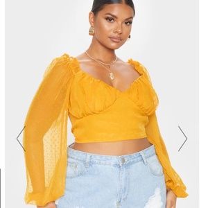 MUSTARD DOBBY MESH PUFF SLEEVE CROP TOP